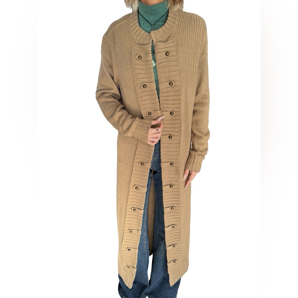 VENUS Long Camel Button-Front Ribbed Cardigan - Picture 4 of 12